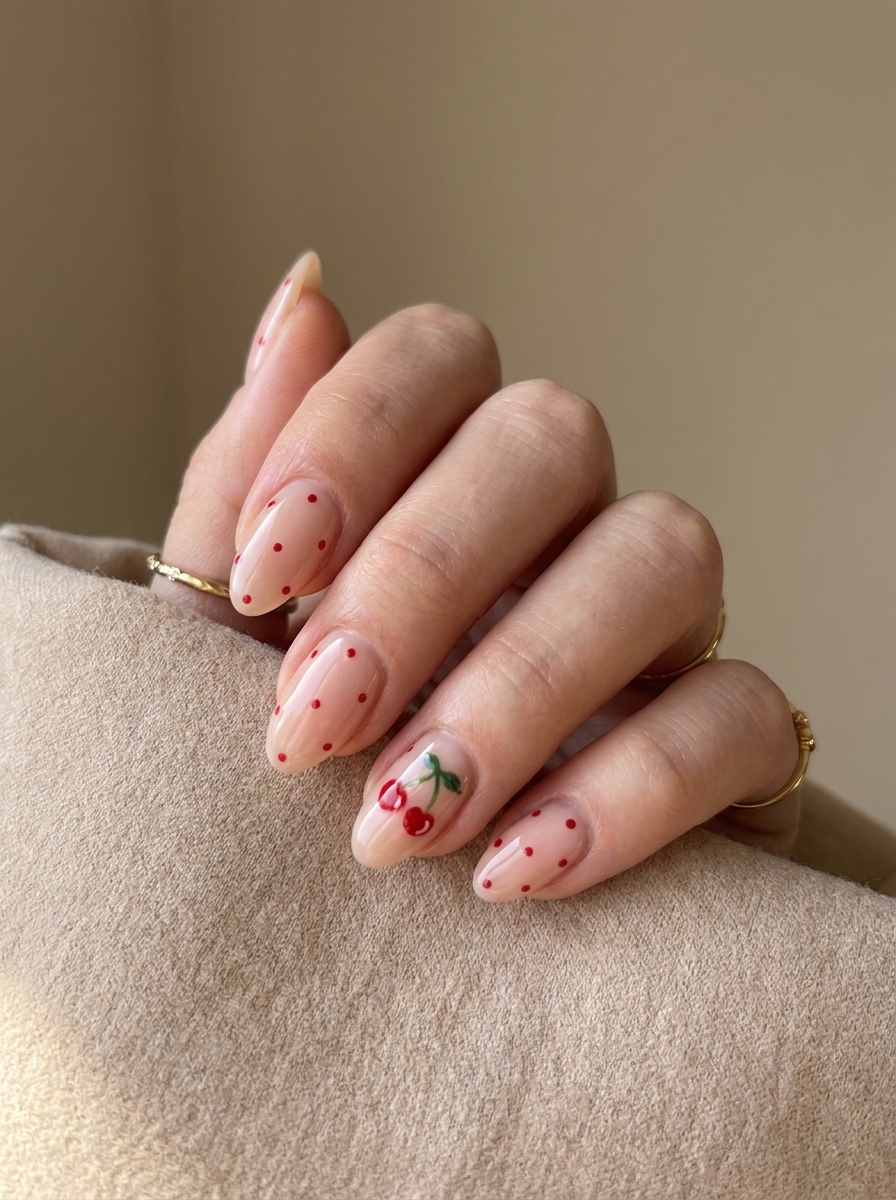 Cherry Polka Dot Nails mit roten Punkten und kleinen Kirschakzenten